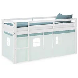 Homestyle4u Hochbett 90/200 cm in weiß Bettvorhang Mint , Mintgrün, Weiß , Holz , 90x200 cm , Babymöbel & Kindermöbel, Kinderzimmer & Jugendzimmer, Kinderbetten, Hochbetten