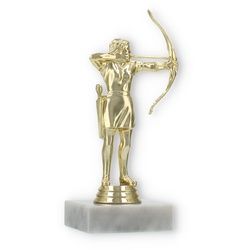 Pokal Kunststofffigur Bogenschützin gold auf weißem Marmorsockel 16,5cm