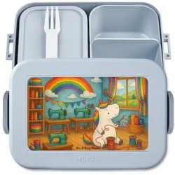 Mr. & Mrs. Panda Butterdose Einhorn Näherin Design, Bentobox, Blau Pastell, Unicorn, Frischhalted, Polypropylen lebensmittelecht, (Packung), Vesperbox Nähen Einhörner blau