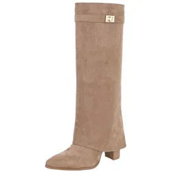 Ital-Design Elegante kniehohe Stiefelette mit Blockabsatz für Damen High-Heel-Stiefel (89852559) Blockabsatz Stiefel in Hellbraun braun 38 EU