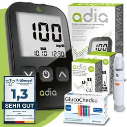 adia Blutzuckermessgerät (mg/dl) Set + 110 Blutzuckerteststreifen Lanzetten 1 St