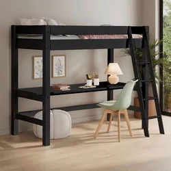 Mid.you Hochbett , Schwarz , Holz , Kiefer , massiv , links montierbar, rechts montierbar , 216x209x180 cm , FSC Mix , Holzmöbel, Holzbetten, Kinderbetten Holz
