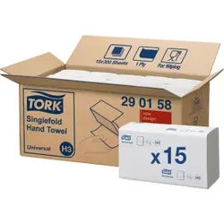 Tork Papierhandtücher H3 Universal, 23 x 23 cm, 1-lagig, Reiß- und nassfest, Zickzackfalzung, weiß, 1 Karton = 15 Bündel x 300 Tücher = 4500 Tücher