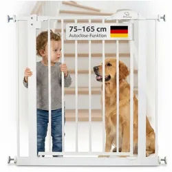 Bronea Treppenschutzgitter CLEO Türgitter ohne Bohren Kinderschutzgitter Treppengitter (zum Klemmen - ohne bohren für Tür & Treppe 75–165 cm verlängerbar, Beidseitig öffnend - Auto-Close - 90° Stopp - 3-Schritt-Sicherung), Entwickelt, Geprüft & Zertifiziert in Deutschland EN1930:2012-02 weiß