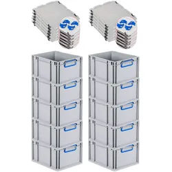 PROREGAL 10x Eurobox NextGen Color mit Auflagedeckel & Schiebeschnappverschlüsse | HxBxT 22x30x40cm | 20L | Griffe blau zu