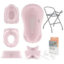 Hylat Baby Babybadewanne Hylat Baby Badewanne Set - für Neugeborene und Babys – Motiv Friends, (7-teiliges SET, 7-tlg), Babywanne, Sitz, Ständer, Schemel, Topf, Toilettensitz, Abfluss – Rosa rosa