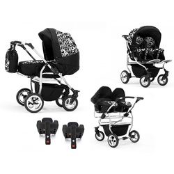 BabyMerc Zwillings-Kombikinderwagen Duo 5 in 1 inkl. Sportsitze, Autositze und Isos in 20 Farben schwarz