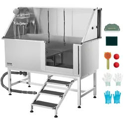VEVOR Hundewaschstation Edelstahl, 1500x700x1495 mm Tierpflegewanne mit Treppe, PE-Wasserfilterplatte, Wasserhahn, Duschkopf & Seifenhalter, für große, mittelgroße & kleine Haustiere (rechte Tür)