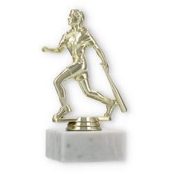 Pokal Kunststofffigur Baseballspielerin gold auf weißem Marmorsockel 15,3cm