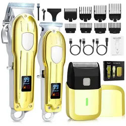 CkeyiN Pro Haar- und Bartschneider Haarschneidemaschine 3-in-1 Haarschneide set Elektrorasierer, Professionelle und Trimmer- Haarschneider Set für Herren, Kabelloses Friseur Haarschneidemaschine Profi mit LED-Display goldfarben