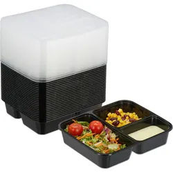 Relaxdays Meal Prep Boxen, 24er Set, 3 Fächer, mikrowellengeeignet, wiederverwendbar, Kunststoff Essensbehälter, schwarz