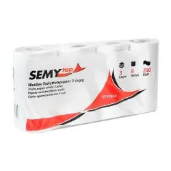 Semytop Toilettenpapier, 3-lagig, weiß, Weiches Klopapier aus Zellstoff, 1 Packung = 8 Rollen à 250 Blatt