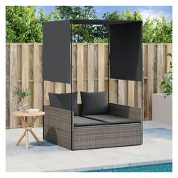 vidaXL Gartenliege, Doppel-Sonnenliege mit Dach und Vorhängen Grau Poly Rattan