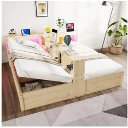 HAUSS SPOLE Kinderbett Kinderbett 90/180×200 Doppelbett Schlafsofa zwei 90*200 Matratze,Holz (Funktionsbett Gästebett mit Hydraulikfunktion und Steckdosen, mit mehrfarbigen LED und zwei 90*200 Matratze), Flexible zu zwei 90×200cm Einzelbetten oder einem 180×200cm Doppelbett