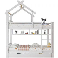 Okwish Etagenbett 90/200 cm Weiß mit Schubladen und Regalen aus Kiefernholz , Holzwerkstoff , 90x200 cm , Babymöbel & Kindermöbel, Kinderzimmer & Jugendzimmer, Stockbetten