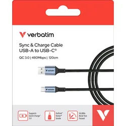 Verbatim Ladekabel, USB-A zu USB-C, 1.2m, schwarz Sync&Charge, 480 Mbit/s, bis 18W, Retail
