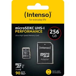 Intenso microSDXC Card 256GB, Performance, Class 10, U1 (R) 90MB/s, (W) 10MB/s, SD-Adapter, Retail-Blister