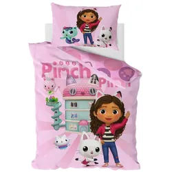 MTOnlinehandel Bettwäsche Gabbys Dollhouse Pinch Pinch 100x135 + 40x60 cm, Renforcé, 100% Baumwolle, 2 teilig, Meerkatze und Pandapfötchen, Bettwäsche- Set zum Wenden für Mädchen rosa