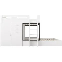 Oxeza Etagenbett 90/200 cm Weiß mit Ausziehbarer Schreibtisch, Garderobe, 2 Schublade, Regale und Leitern , Holz , Mode , Rechteckig , 90x200 cm , Babymöbel & Kindermöbel, Kinderzimmer & Jugendzimmer, Stockbetten