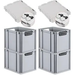 PROREGAL SuperSparSet 4x Eurobox NextGen Color mit Scharnierdeckel & Verschlüssen, HxBxT 32x30x40cm, 30L, Grau, Griffe schwarz offen, Eurobehälter