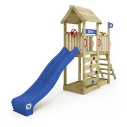 Wickey Spielturm JoyFlyer – Garten-Klettergerüst mit Wellenrutsche & Sandkasten, 10-Jahre Garantie*, Kletterwand mit Klettersteinen blau