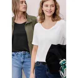 T-Shirt STREET ONE, Damen, Gr. 40, weiß, schwarz, Web, 50% Baumwolle, 50% Modal, unifarben, normal normal, V-Ausschnitt, abgesteppt, Shirts T-Shirt, mit abgerundetem V-Ausschnitt