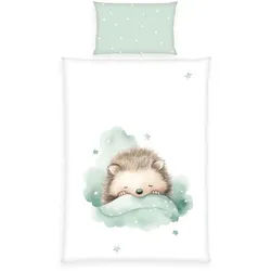 BabyBest Kinderbettwäsche Kleiner Igel "Made in Green" 40x60cm, 100x135cm - grün|weiß - 40x60/100x135cm