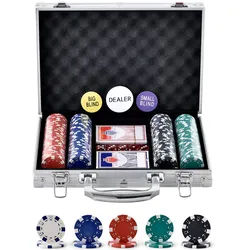 VEVOR Kunststoff Pokerchip-Set, 200-teiliges Pokerset Ungekennzeichnet, Pokerspielset mit Alu-Pokerkoffer, Karten, Knöpfe und Würfel, Komplett Set 6-7 Spieler für Texas Hold'em, Blackjack usw.