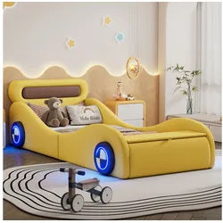 MODFU Kinderbett Autobett mit LED-Rädern (Einzelbett, Polsterbett mit LED-Rädern und Stauraum, 90x200cm), ohne Matratze gelb