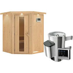 Karibu Sauna Nanja - 68 mm Systemsauna - 230 Volt Plug & Play-3,6 kW Plug&Play Ofen mit ext. Steuerung Easy-Inkl. Dachkranz- Energiesparende Saunatür