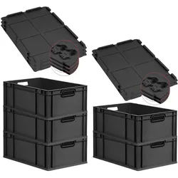 PROREGAL SuperSparSet 5x Eurobox NextGen Color mit Scharnierdeckel & Verschlüssen, HxBxT 22x40x60cm, 44L, Schwarz, Griffe schwarz offen, Eurobehälter