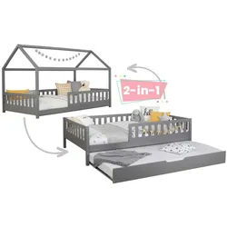 Mid.you Ausziehbett , Hellgrau , Holz , Kiefer , Schichtholz,massiv , Höhe ca. 20 cm , 120x200 cm , Bettkasten, bodentiefer Einstieg , Babymöbel & Kindermöbel, Kinderzimmer & Jugendzimmer, Kinderbetten, Kinderbetten & Jugendbetten