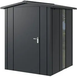 Hörmann Metall-Gerätehaus Juno JSD mit Satteldach B 166 x T 166 cm (JSD 2) mit bodentiefem Glaselement Motiv Design (mit breiten Lamellen) Einzeltür Türanschlag links Anthrazitgrau (RAL 7016)