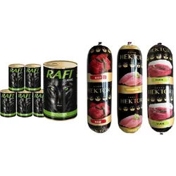 Rafi Classic mit Wildbret und Karotte in Sauce 6x1240g + Premium Hektor Hundefutter Riegel MIX 3x900g
