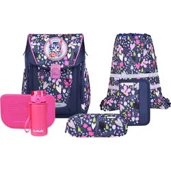McNeill Schulranzen Primo, inkl. Etui, Turnbeutel, (Set, 9-tlg., Schlamperrolle, Trinkflasche, Lunchbox, 2 Magnete & 1 Anhänger) blau