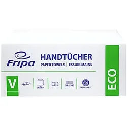 Fripa Papierhandtücher ECO, V-Falz, 25 x 23 cm, 2-lagiges Handtuchpapier aus 100% Recycling-Tissue, 1 Karton = 20 Packungen à 150 Blatt