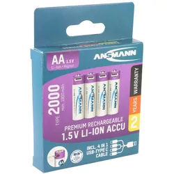 Ansmann Mignon AA 1,5V Lithium-Ionen Akkus, min. 1800mAh typ. 2000mAh, inkl. 4in1 USB-C Ladekabel, 4er Papierblister