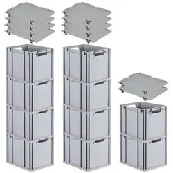 PROREGAL SparSet 10x Eurobox NextGen Grip mit Auflagedeckel & 4 schwarzen Verschlüssen, HxBxT 32x30x40cm, 30L, Grau, Griffe offen, Eurobehälter