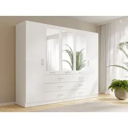 Raumhirsch Furniture Kleiderschrank Garderobenschrank, Drehtürenschrank, Schrank mit Spiegel (Maße: 250 x 58 x 200,5 cm (viel Stauraum, einfache Montage) 5-türig, 6 Schubladen, Kleiderstange weiß 250 cm x 201 cm x 58 cm