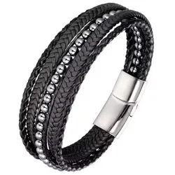 Saraswati Armband Herren Armband 5 Strang, Leder mit Perlen, schwarz, 21x2cm