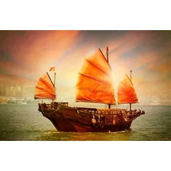 Fototapete PAPERMOON "DSCHUNKE-SEGEL SCHIFF CHINA MEER KÜSTE SONNE HONG KONG", bunt, B:3m L:2,23m, Vlies, Tapeten