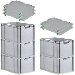 PROREGAL SparSet 5x Eurobox NextGen Grip mit Auflagedeckel & 4 grünen Verschlüssen, HxBxT 32x40x60cm, 65L, Grau, Griffe offen, Eurobehälter