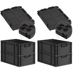 PROREGAL SuperSparSet 4x Eurobox NextGen Color mit Auflagedeckel & Verschlüsse, HxBxT 22x40x60cm, 44L, Schwarz, Griffe schwarz zu, Eurobehälter