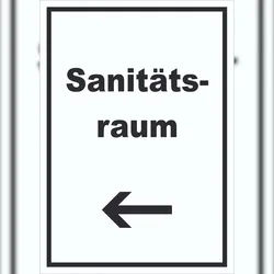 HB-Druck Sanitätsraum Schild mit Text und Richtungspfeil links Krankenzimmer hochkant A3 Rückseite selbstklebend