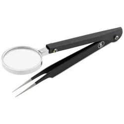 K-Pro Präzisionspinzette Pinzette mit Lupe Präzisionspinzette Edelstahl, 1-tlg., Lupe integriert, feine Spitze, ideal für Modellbau schwarz|silberfarben