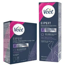 Veet Enthaarungscreme Körper & Beine (100ml) + Multi-Benefit-Schaum (2 x 50ml), Spar-Set, 2 St., für sensible Haut & Intimzone