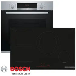 BOSCH Induktions Herd-Set Autark Backofen Silber mit Teleskop + Kochfeld Induktion 80cm, mit 1-fach-Teleskopauszug