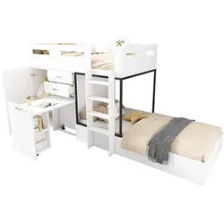 Okwish Etagenbett 90/200 cm weiß und schwarz aus MDF mit ausziehbarem Schreibtisch , Weiß , Holzwerkstoff , 90x200 cm , Babymöbel & Kindermöbel, Kinderzimmer & Jugendzimmer, Stockbetten