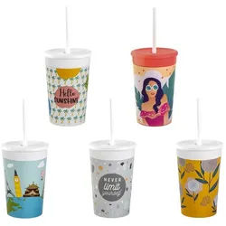 Engelland Kinderbecher Kunststoffbecher mit Deckel & Strohhalm, Bunte Mischung, 330 ml, 5-tlg., Kunststoff (BPA-frei), Trinkbecher, Partybecher, Kindergeburtstag, Plastikbecher, Mehrweg bunt
