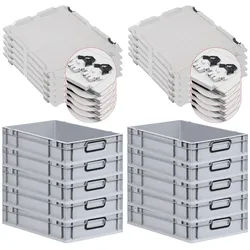PROREGAL SuperSparSet 10x Eurobox NextGen Color mit Scharnierdeckel & Verschlüssen, HxBxT 12x40x60cm, 23L, Grau, Griffe schwarz zu, Eurobehälter